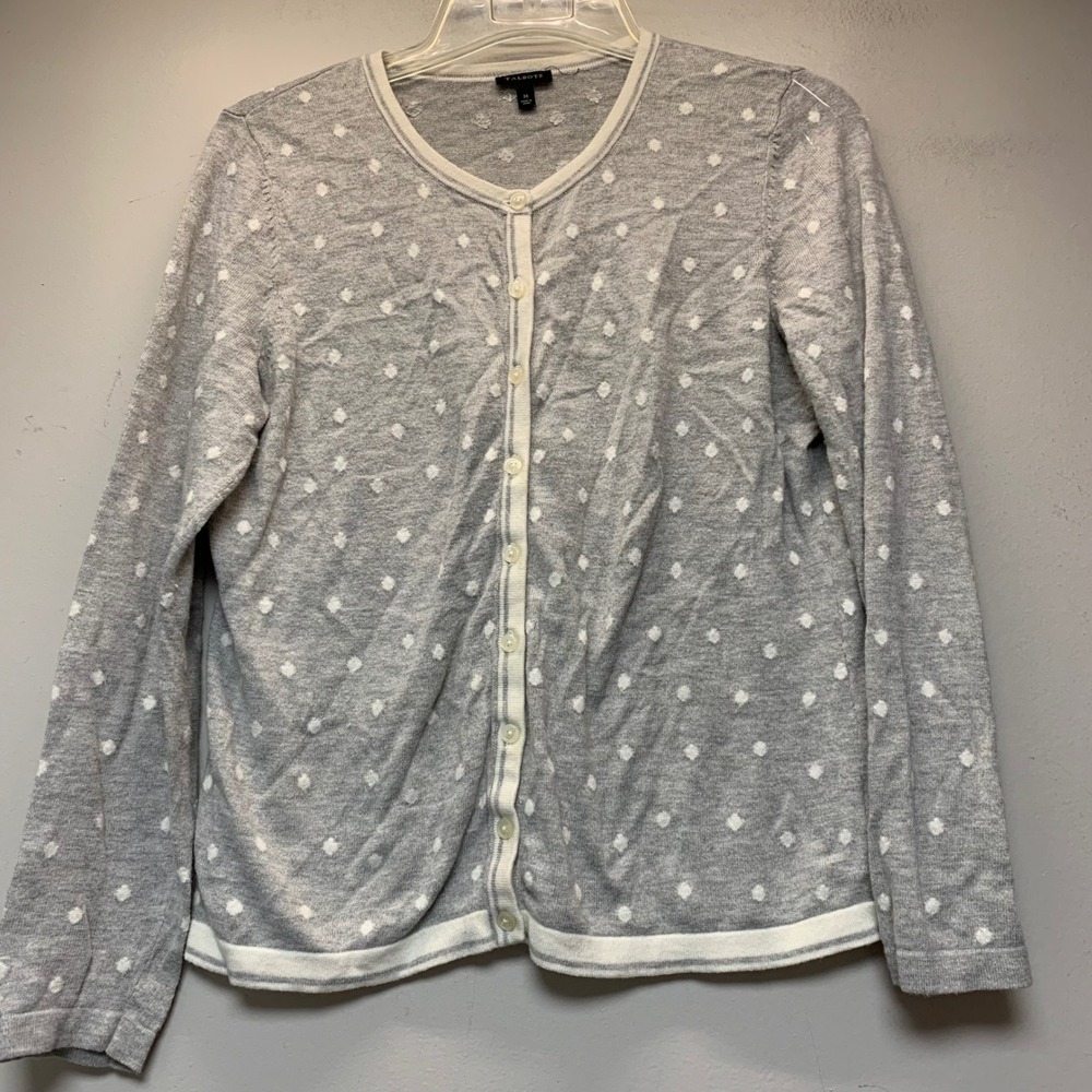 Talbots Cardigan Womens M Gray Excellent Polka Dot Cashmere Blend Button Front